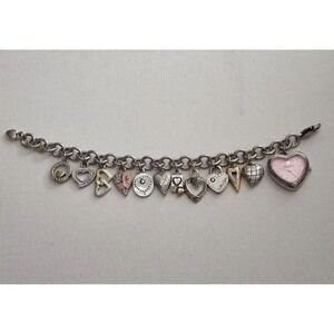 Brighton Heart‎ Charm Bracelet Watch Silver Tone Pink Face Womens Jewelry